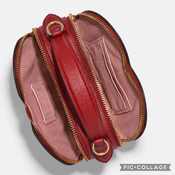 NWT COACH HEART CROSSBODY IN COLORBLOCK  LEATHER TOP HANDLE GOLD/TRUE PINK - Picture 4 of 14